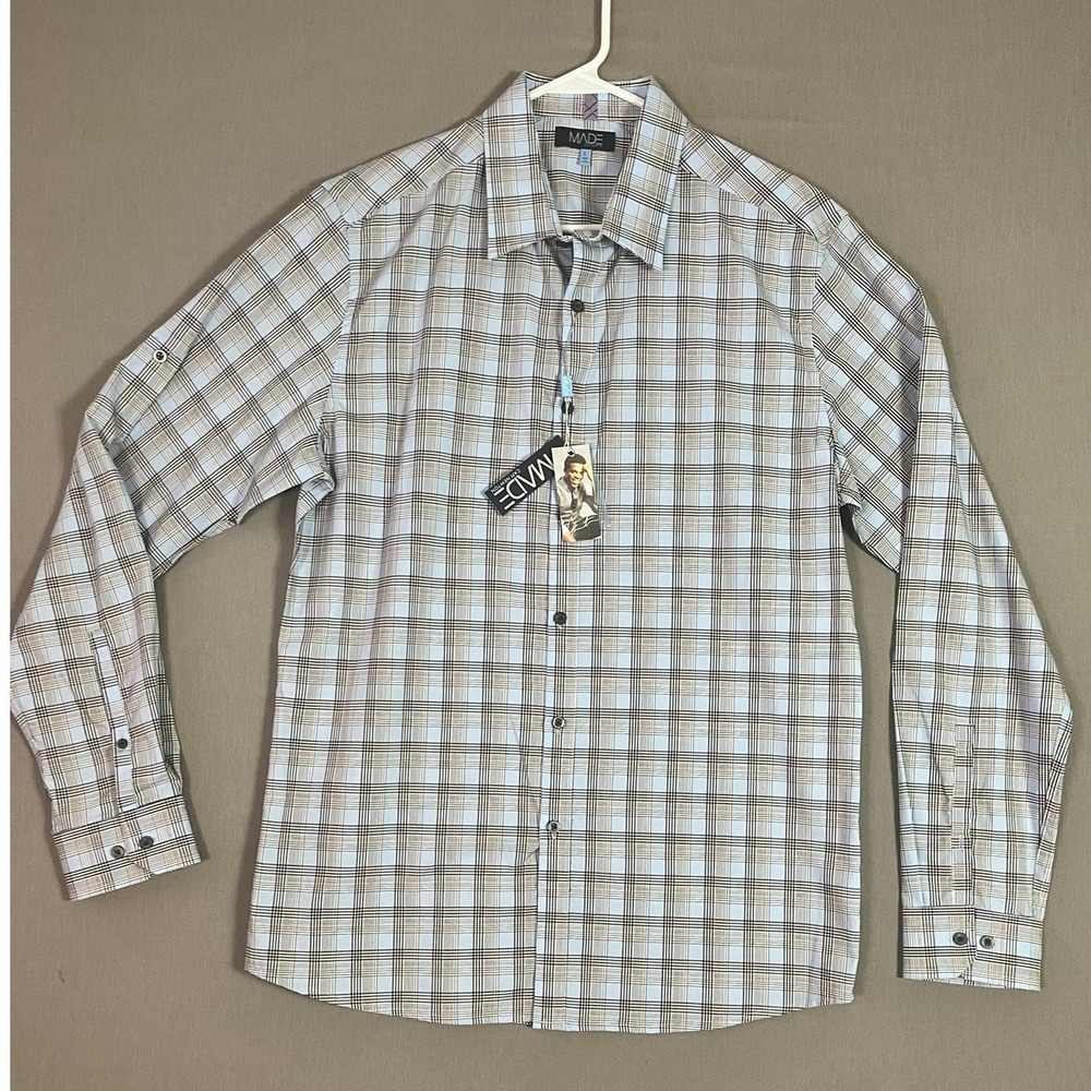 MADE Cam Newton Button Down Shirt Large Plaid Blue Brown NEW